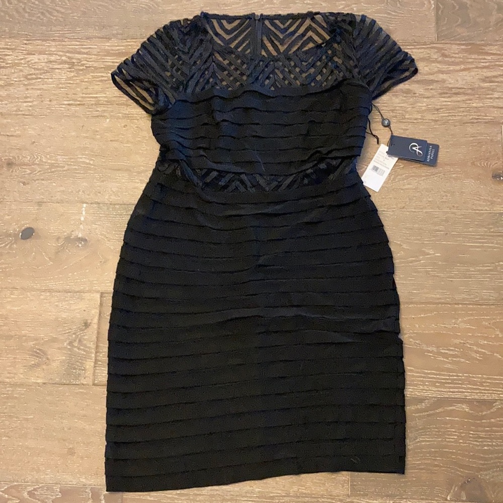 Adrianna Papell Black Layered Sheath Dress with Mesh Yoke